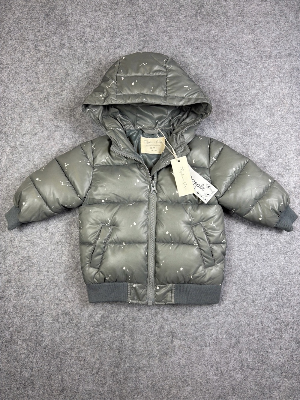 Rylee + Cru Grey Hooded Puffer Jacket with Star & Moon Print